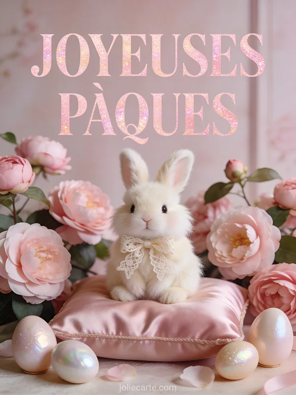 Lapin nain angora crème avec un nœud en dentelle sur un coussin de soie rose au milieu de camélias et d'œufs nacrés