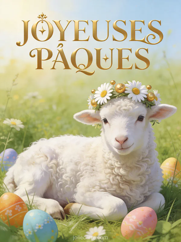 Agneau blanc bouclé portant une couronne de marguerites et boutons d'or couché dans un pré avec des œufs peints