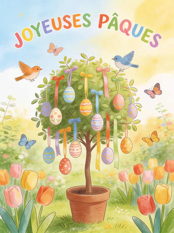 Arbre de Pâques en pot décoré d'œufs suspendus à des rubans colorés avec oiseaux et papillons dans un jardin de tulipes