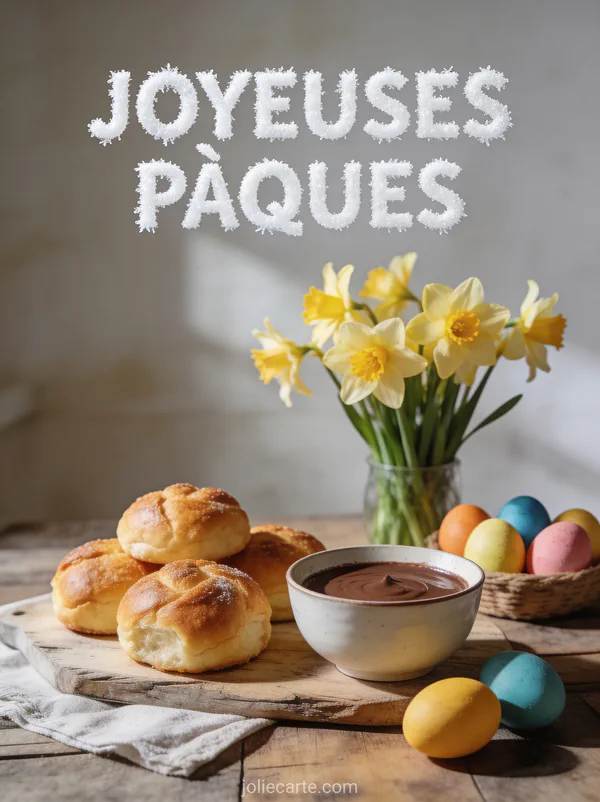 Table de petit-déjeuner de Pâques avec brioches dorées chocolat chaud œufs peints et bouquet de jonquilles