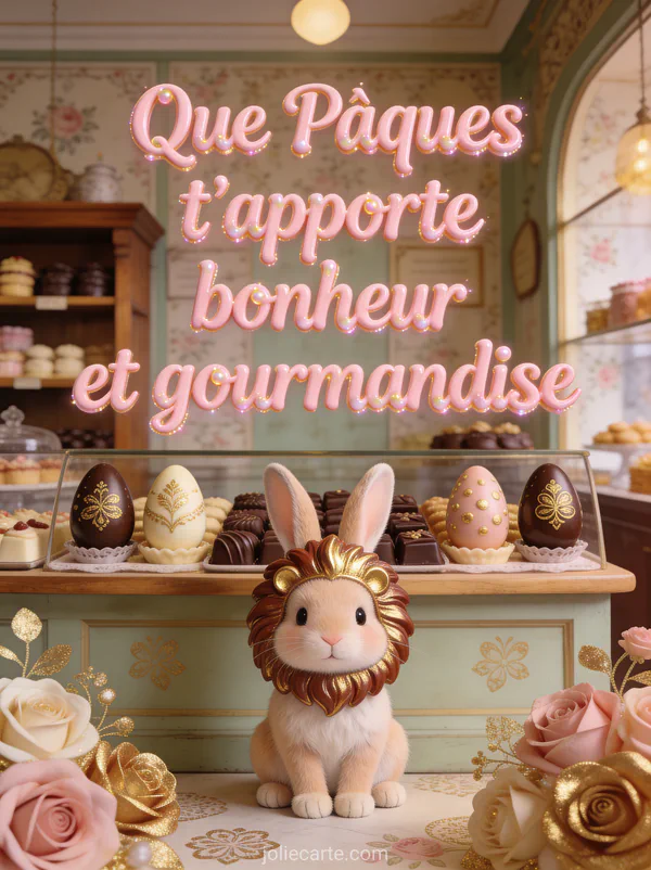 Petit lapin tête de lion assis devant un étalage de chocolats de Pâques artisanaux décorés de motifs dorés