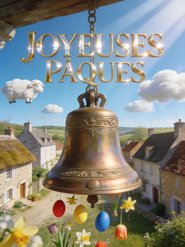 Cloche de Pâques en bronze survolant un village de campagne avec des oeufs colorés et des fleurs sous un ciel bleu avec le texte Joyeuses Pâques