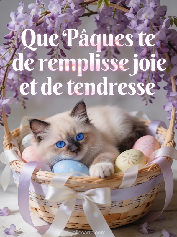 Chat ragdoll aux yeux bleus couché dans un panier de Pâques avec des œufs peints entouré de glycine mauve