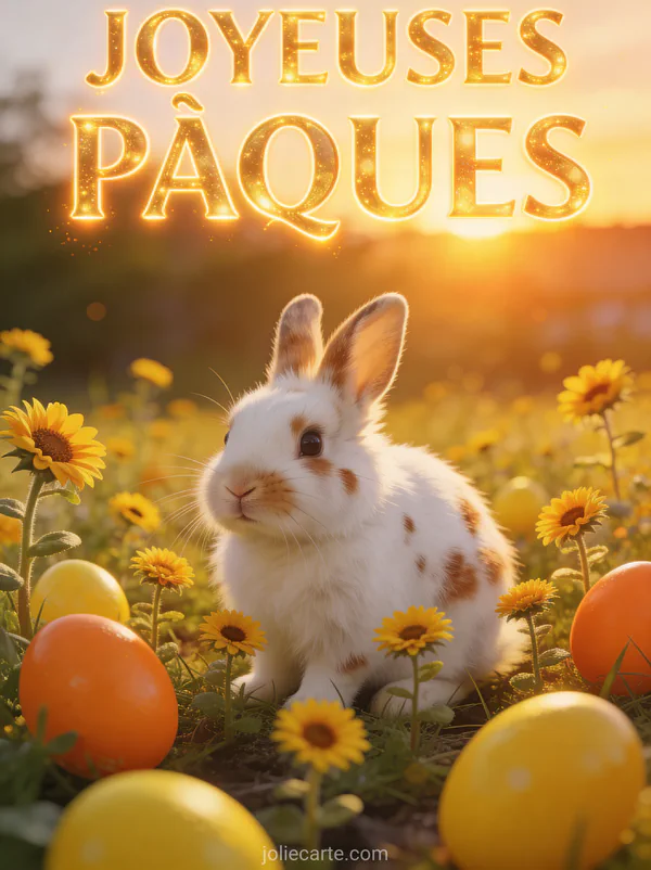 Lapin nain blanc avec des taches brunes dans un champ de tournesols miniatures avec des œufs jaunes et orange