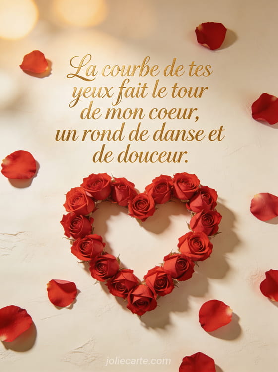 Pétales de rose rouges et roses formant un cœur sur fond crème avec le poème La courbe de tes yeux en lettres dorées