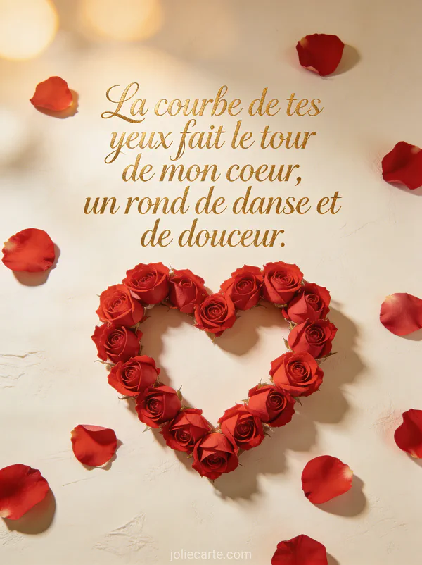 Pétales de rose rouges et roses formant un cœur sur fond crème avec le poème La courbe de tes yeux en lettres dorées