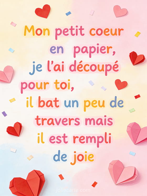 Petits cœurs en papier découpés rouges et roses sur fond pastel avec le poème Mon petit cœur en papier