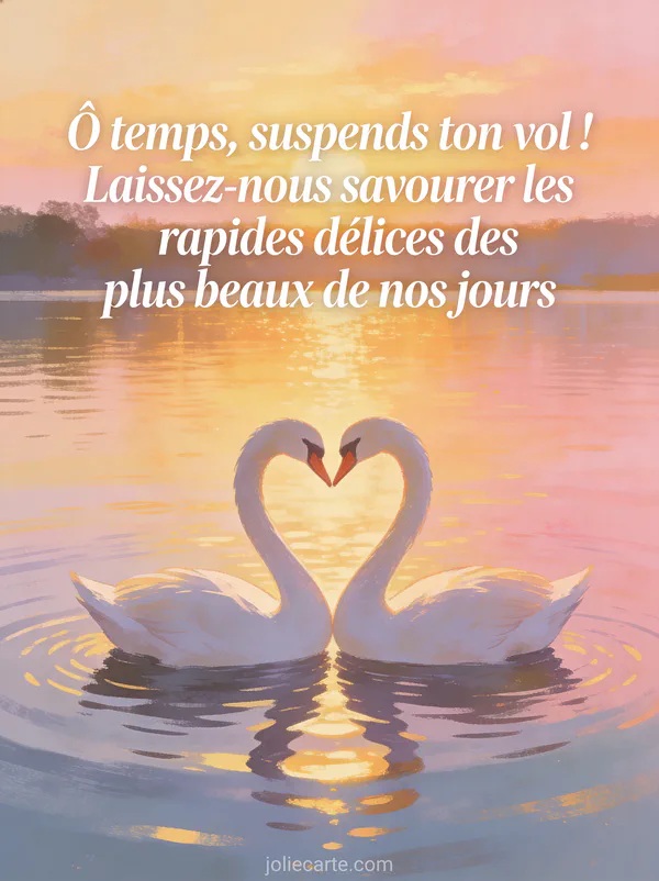 Deux cygnes formant un cœur sur un lac au coucher du soleil avec le texte Ô temps suspends ton vol