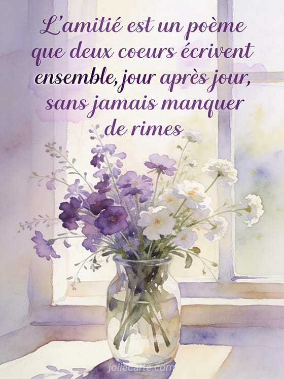 Bouquet de fleurs sauvages violettes et blanches dans un vase en verre avec le texte L'amitié est un poème en aquarelle