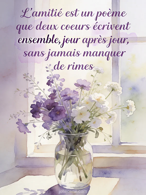 Bouquet de fleurs sauvages violettes et blanches dans un vase en verre avec le texte L'amitié est un poème en aquarelle