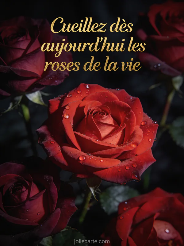 Roses rouges et bordeaux épanouies sur fond sombre avec le vers de Ronsard Cueillez dès aujourd'hui les roses de la vie en calligraphie dorée