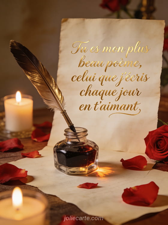 Plume d'écriture ancienne posée sur du parchemin avec pétales de rose rouges et lumière de bougie avec le texte Tu es mon plus beau poème