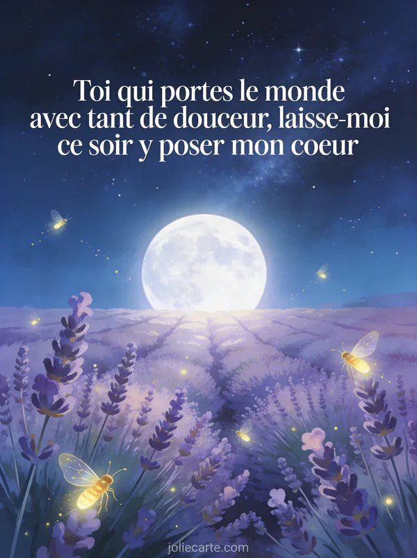 Nuit étoilée au-dessus d'un champ de lavande en fleurs avec pleine lune et le texte Laisse-moi y poser mon cœur