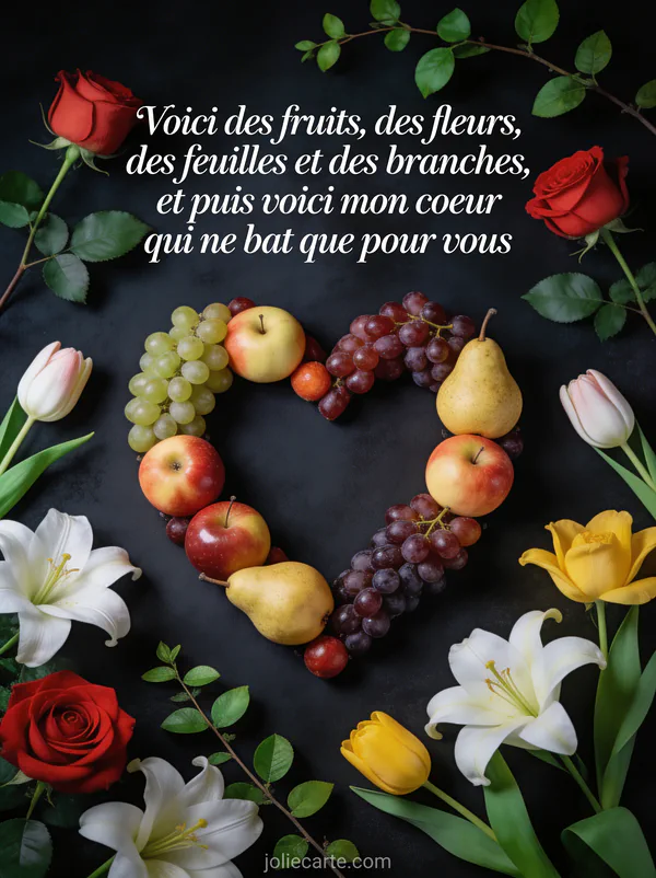 Composition de fruits fleurs et branches formant un cœur sur fond sombre avec le texte Voici mon cœur qui ne bat que pour vous