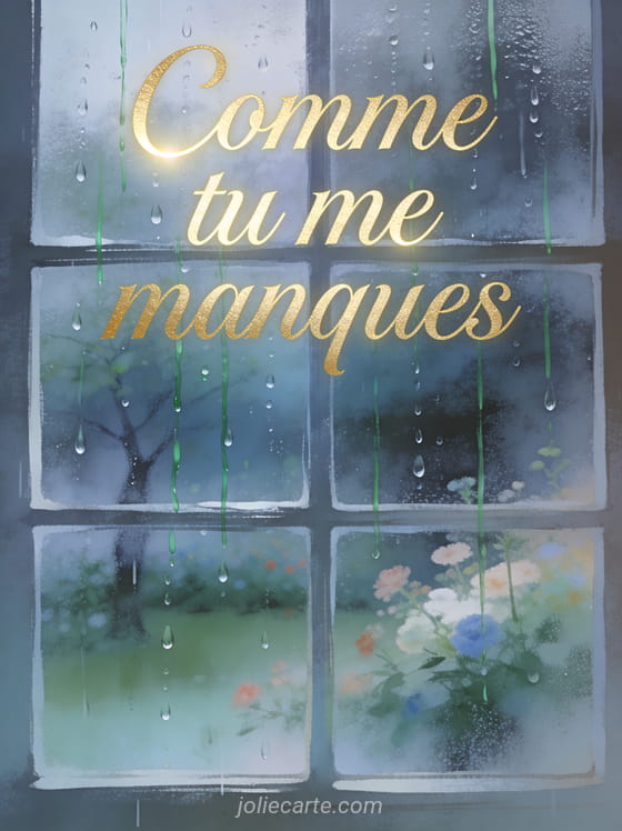 Fenêtre embuée avec des gouttes de pluie et le texte Comme tu me manques en lettres dorées manuscrites