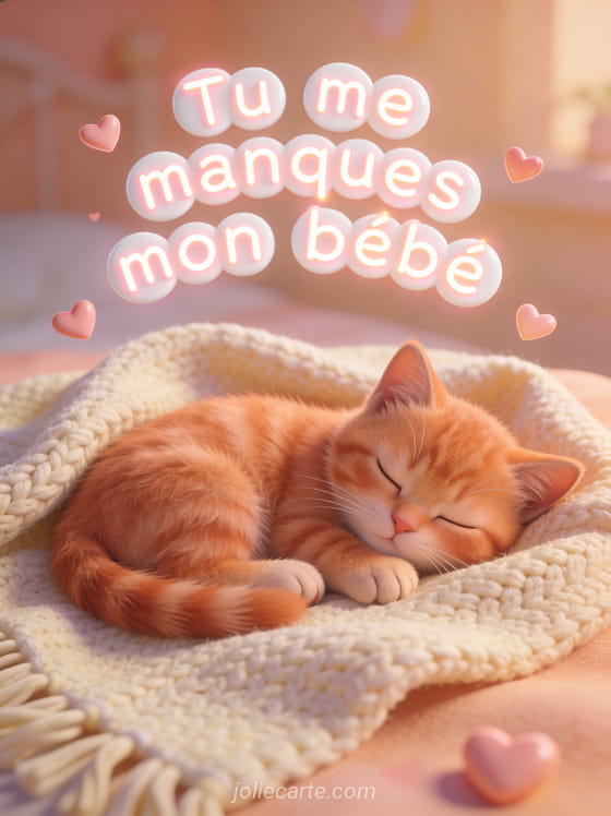 Adorable chaton roux endormi sur un plaid tricoté avec des cœurs et le texte Tu me manques mon bébé