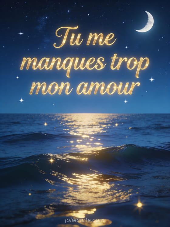 Ciel étoilé avec lune croissante au-dessus d'une mer calme et le texte Tu me manques trop mon amour en lettres dorées