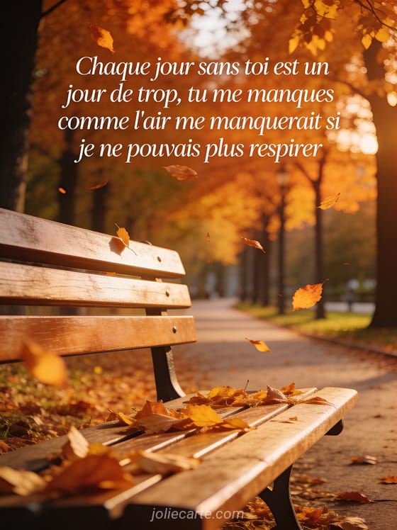 Banc vide dans un parc d'automne avec des feuilles dorées et le texte d'un poème tu me manques tellement