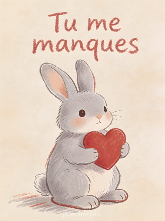 Dessin au crayon d'un petit lapin gris tenant un cœur rouge avec le texte Tu me manques