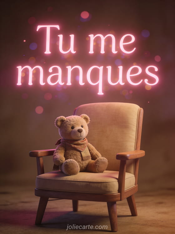 Ours en peluche vintage assis seul sur un fauteuil avec le texte Tu me manques en lettres roses lumineuses