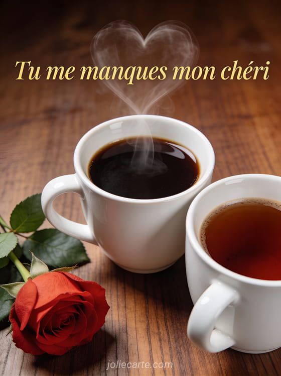 Deux tasses de café côte à côte avec une rose rouge et vapeur en forme de cœur avec le texte Tu me manques mon chéri