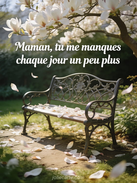 Banc en fer forgé sous un magnolia en fleurs dans un jardin paisible avec le texte Maman tu me manques
