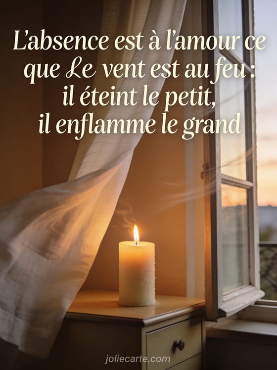 Bougie allumée près d'une fenêtre ouverte avec rideaux de lin et le texte d'une citation tu me manques tellement