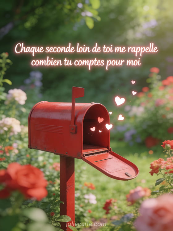 Boîte aux lettres vintage rouge avec des cœurs qui s'envolent dans un jardin fleuri et le texte Tu me manques
