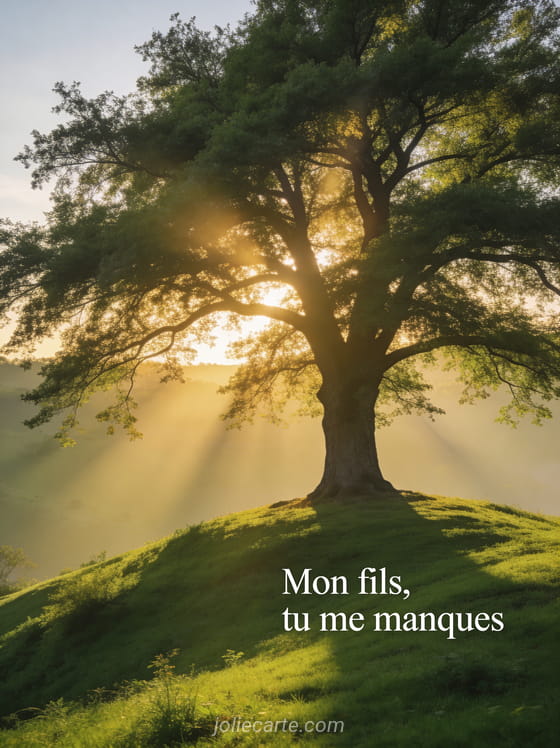 Arbre majestueux solitaire sur une colline au lever du soleil avec le texte Mon fils tu me manques