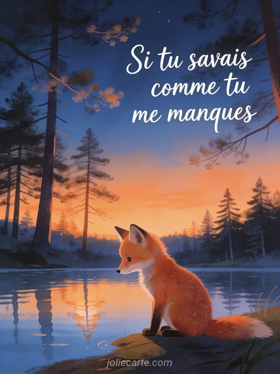 Petit renard roux assis au bord d'un lac au crépuscule avec une forêt de sapins et le texte Si tu savais comme tu me manques
