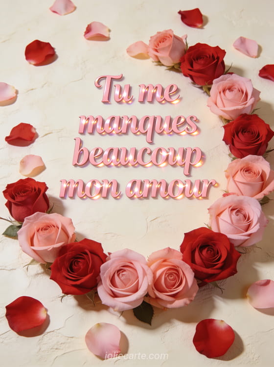 Roses rouges et roses formant un demi-cercle avec pétales éparpillés et le texte Tu me manques beaucoup mon amour