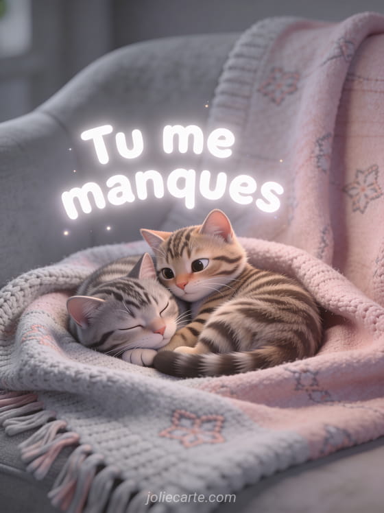 Deux chats tigrés blottis l'un contre l'autre sur un plaid avec le texte Tu me manques en lettres blanches