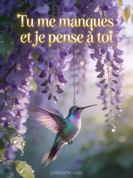 Colibri irisé suspendu devant une glycine en cascade avec le texte Tu me manques et je pense à toi