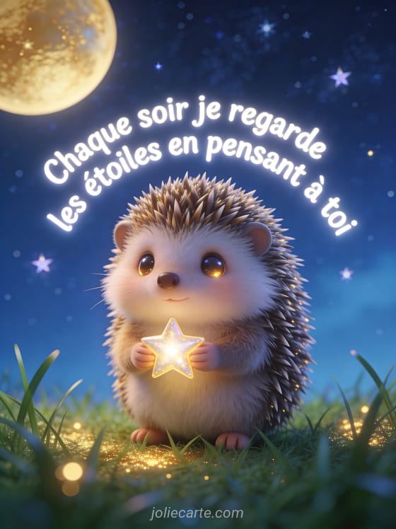 Petit hérisson mignon tenant une étoile brillante sous un ciel nocturne avec le texte Tu me manques