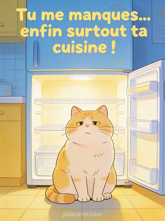 Chat rondouillard assis devant un frigo ouvert vide avec une expression déçue et le texte Tu me manques enfin surtout ta cuisine