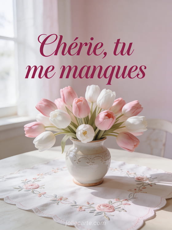 Bouquet de tulipes roses et blanches dans un vase en céramique avec le texte Chérie tu me manques