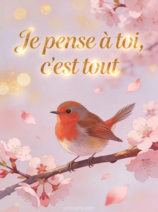 Rouge-gorge posé sur une branche de cerisier en fleurs avec pétales roses et le texte Je pense à toi c'est tout