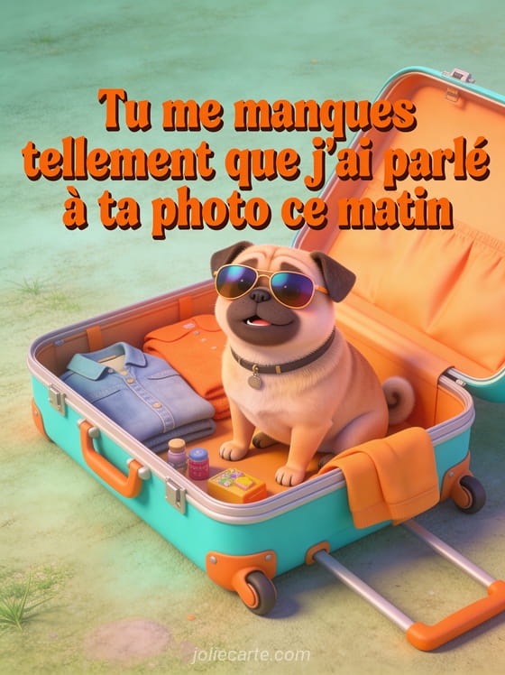 Carlin avec des lunettes de soleil assis dans une valise ouverte avec le texte Tu me manques avec humour