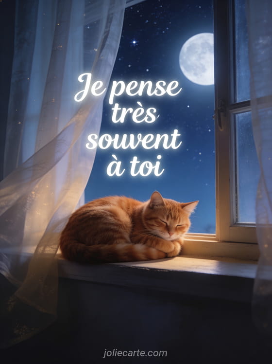 Chat roux lové sur le rebord d'une fenêtre avec ciel étoilé et le texte Je pense très souvent à toi