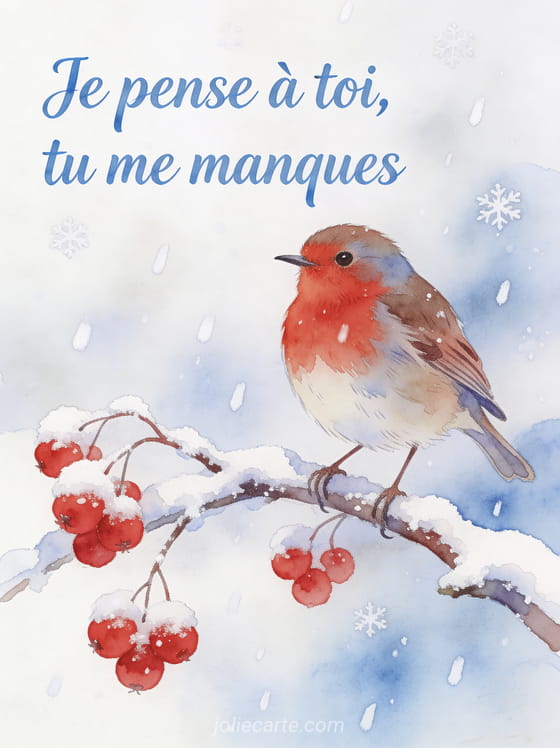 Rouge-gorge posé sur une branche enneigée avec des baies rouges et le texte Je pense à toi tu me manques
