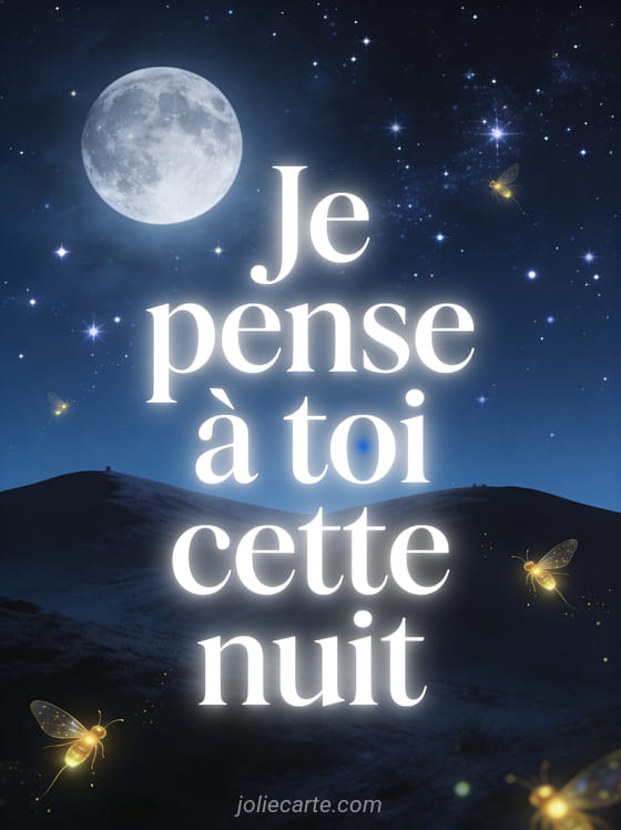 Ciel nocturne étoilé avec grande lune argentée et lucioles dorées avec le texte Je pense à toi cette nuit