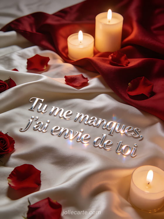 Draps de soie avec pétales de rose rouge et lumière de bougies avec le texte Tu me manques