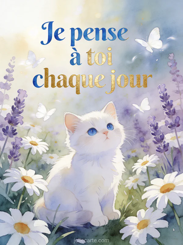 Chaton blanc aux yeux bleus dans un jardin de marguerites et lavande avec papillons et le texte Je pense à toi chaque jour