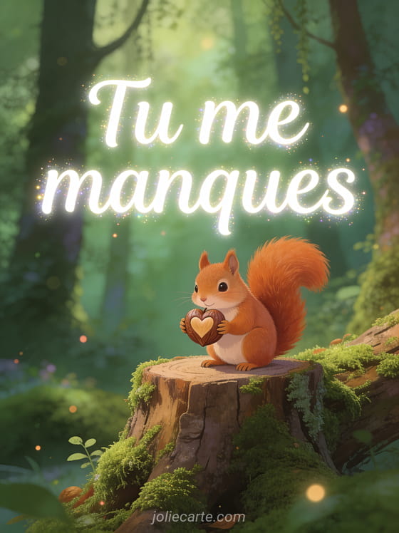 Écureuil roux tenant une noisette en forme de cœur sur une souche moussue avec le texte Tu me manques