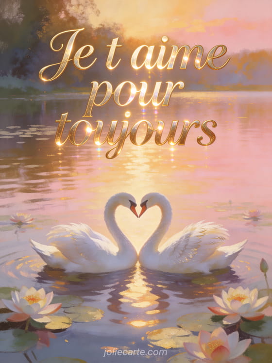 Deux cygnes blancs formant un coeur sur un lac au coucher du soleil avec reflets dorés et nénuphars avec le texte Je t'aime pour toujours
