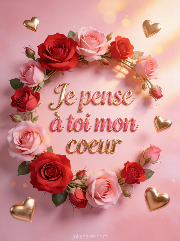 Roses rouges et roses disposées en arc avec cœurs dorés flottants et le texte Je pense à toi mon cœur