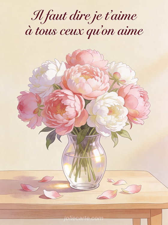 Bouquet de pivoines roses et blanches avec pétales éparpillés et le texte Il faut dire je t'aime à tous ceux qu'on aime