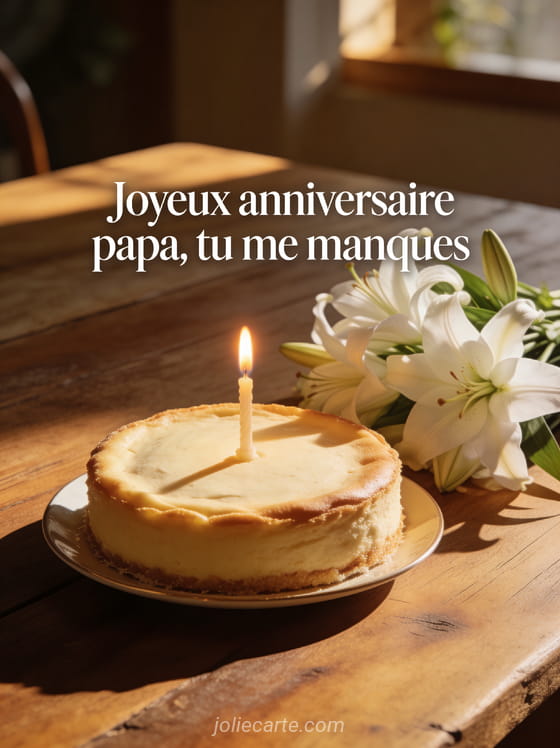 Gâteau d'anniversaire avec une bougie et un bouquet de lys blancs sur une table en bois avec le texte Joyeux anniversaire papa