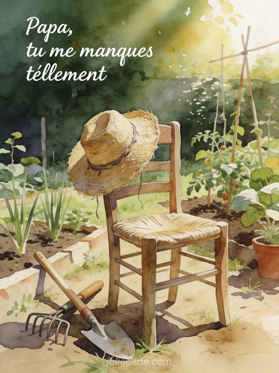 Chapeau de paille posé sur une chaise en bois dans un jardin potager ensoleillé avec le texte Papa tu me manques