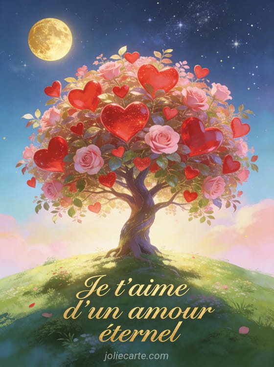 Arbre majestueux aux feuilles en cœurs rouges sous un ciel étoilé avec le texte Je t'aime d'un amour éternel